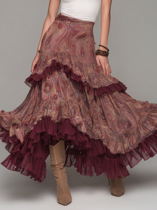 Bohemian Paisley Print Chiffon Multi-layered Ruffle Long Skirt