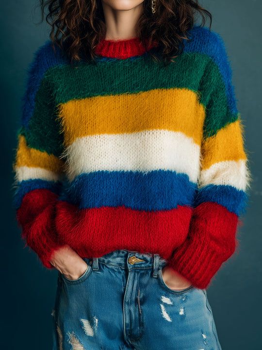 Retro Rainbow Colorblock Fuzzy Knit Sweater