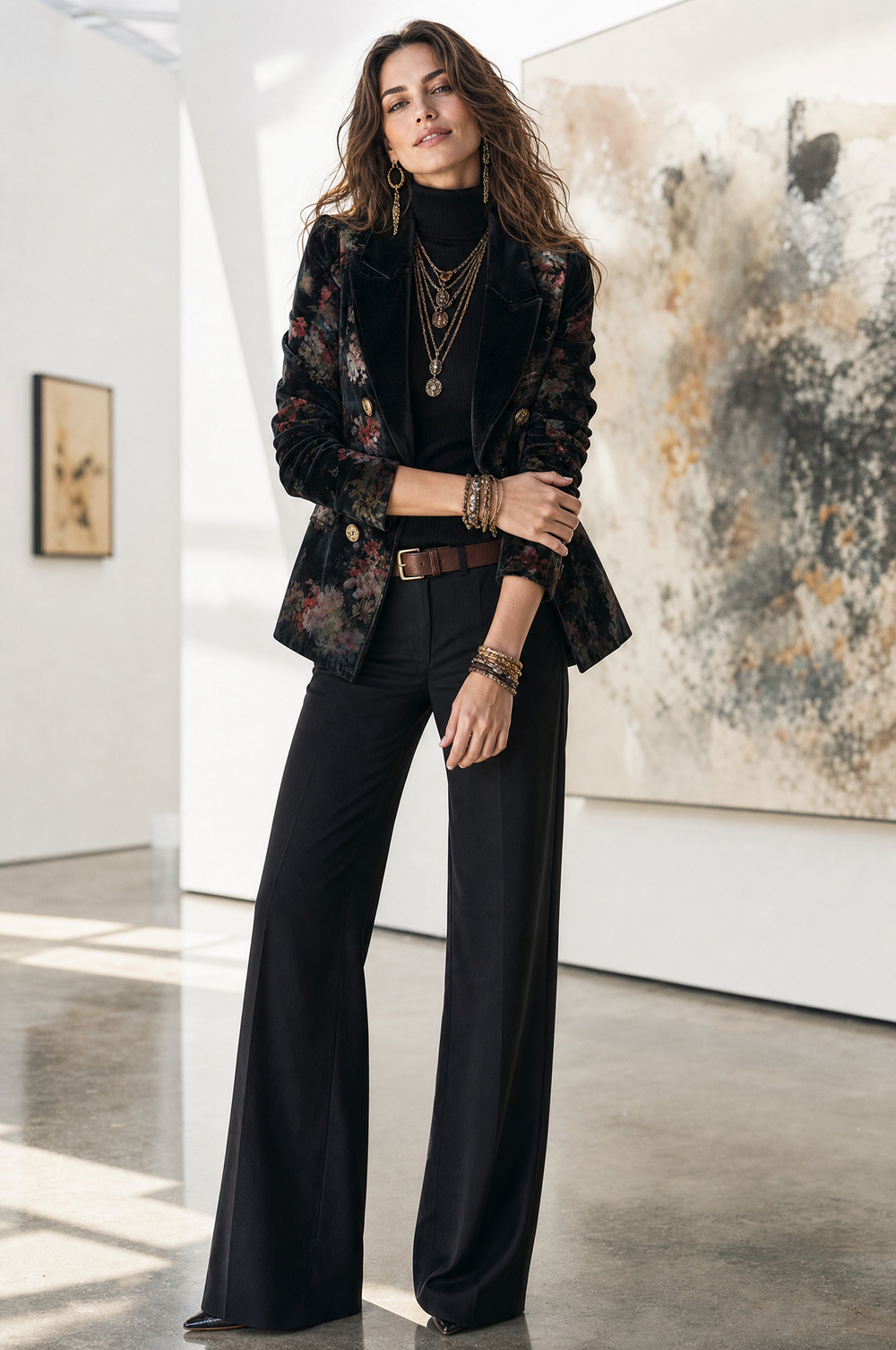 Quiet Luxury Velvet Printed Lapel Slim-fit Blazer WithButton Details