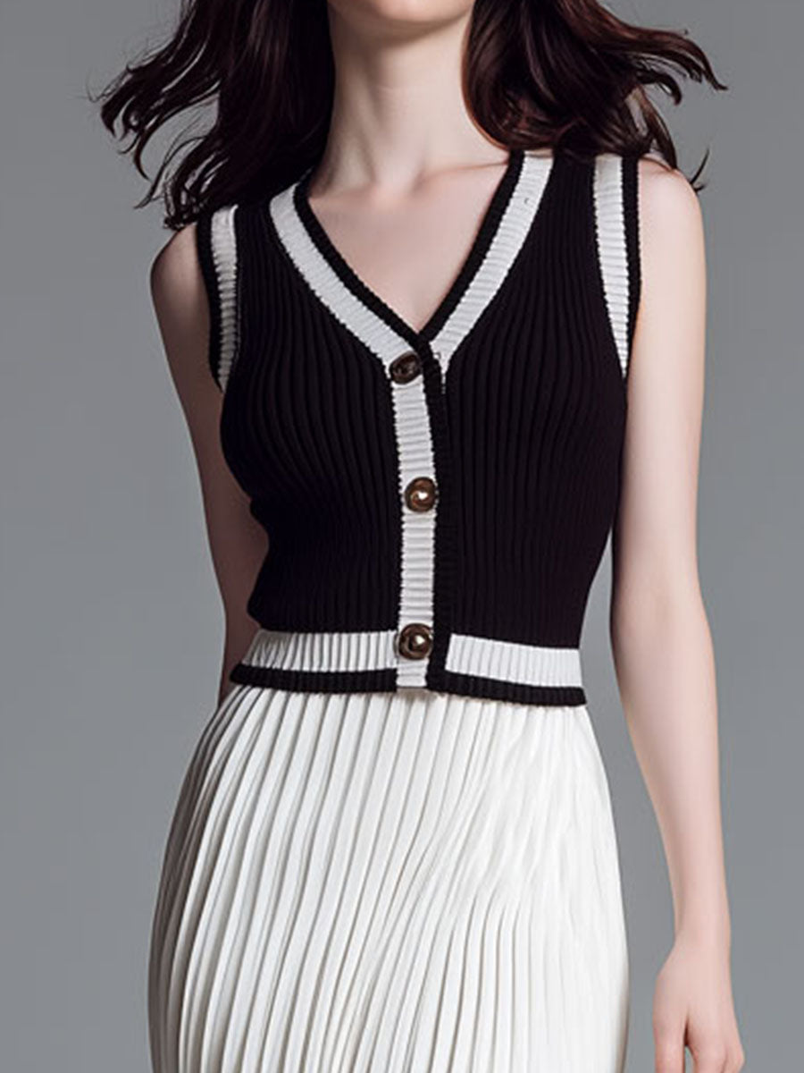 Quiet Luxury Contrast Trim Black & Ivory Pleated Knit Two-Piece Set