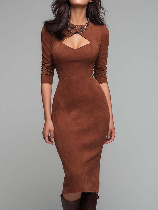 Eco-Suede Keyhole Midi Dress – Warm Chestnut