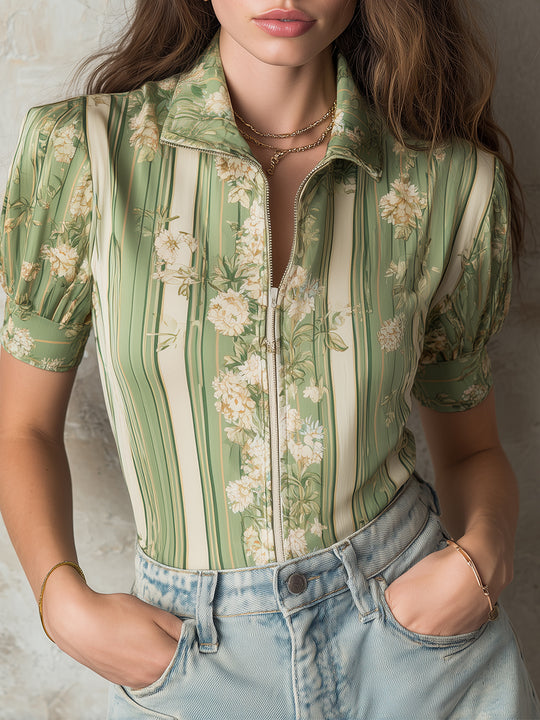 Striped Floral Print Short-sleeved Blouse With Front Zipper