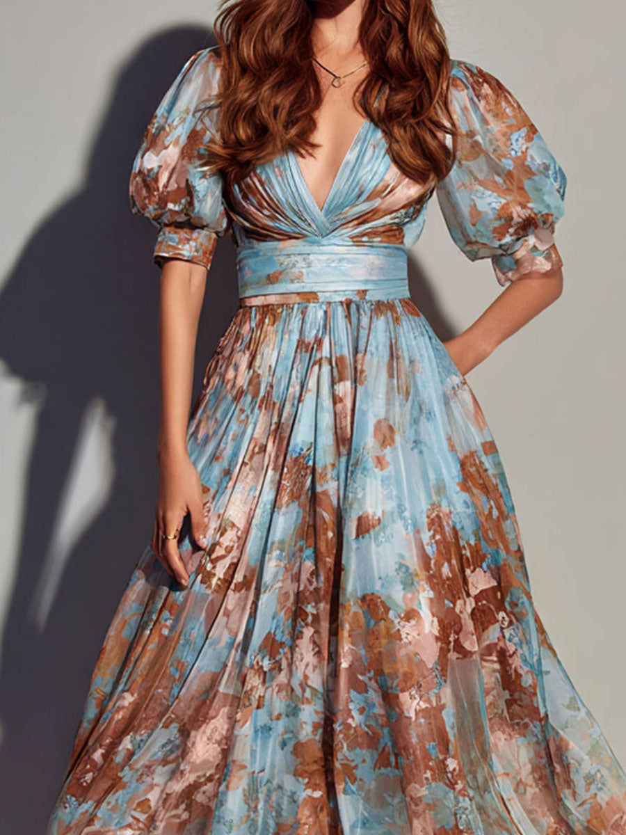 V-Neck Puff Sleeves Sky Blue And Mocha Floral Chiffon Midi Dress