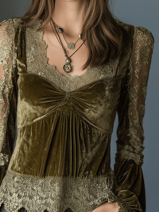 Boho Velvet Deep Olive Elegance Lace-Trim Peplum Blouse