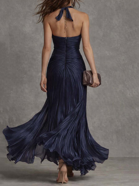 Elegant Navy Halter Pleated Maxi Dress