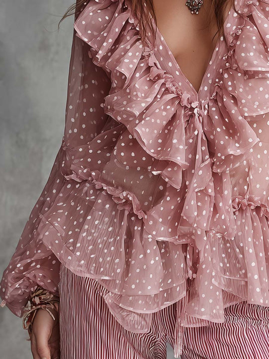 Bohemian Vintage Polka Dot Ruffled Chiffon Blouse