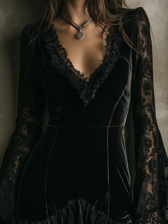 Retro Polyester Velvet Lace Bell Sleeve Mini Dress