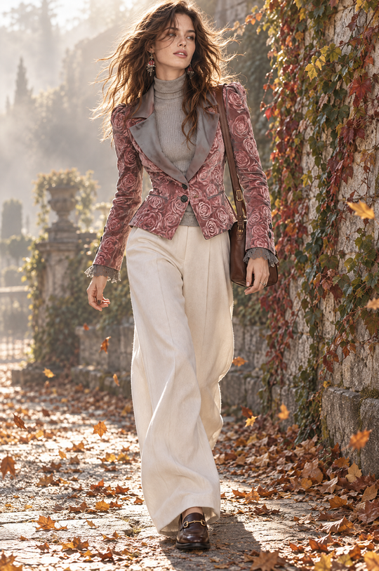 Elegant Velvet Rose-print Peak Lapels Slim-fit Blazer