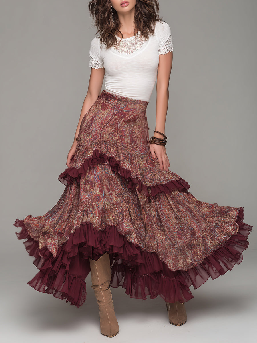 Bohemian Paisley Print Chiffon Multi-layered Ruffle Long Skirt