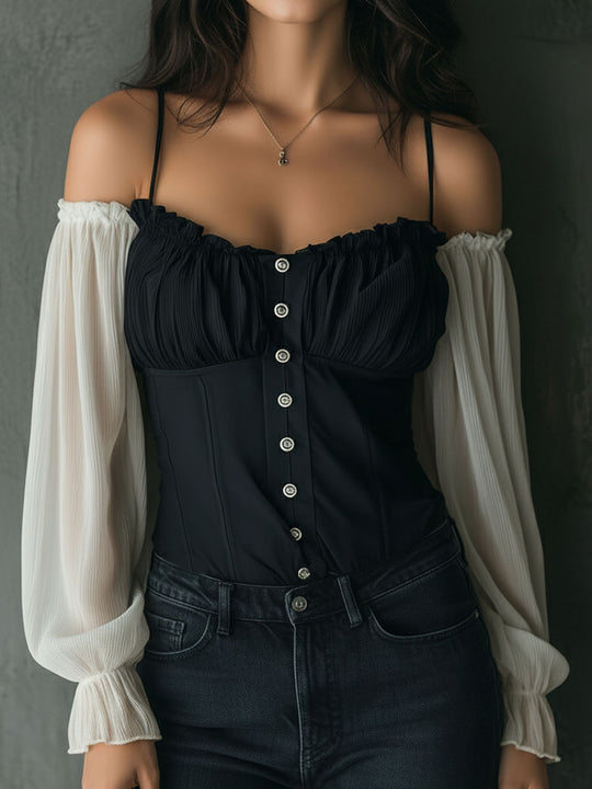 Retro Black Corset Blouse With Contrast Chiffon Sleeves