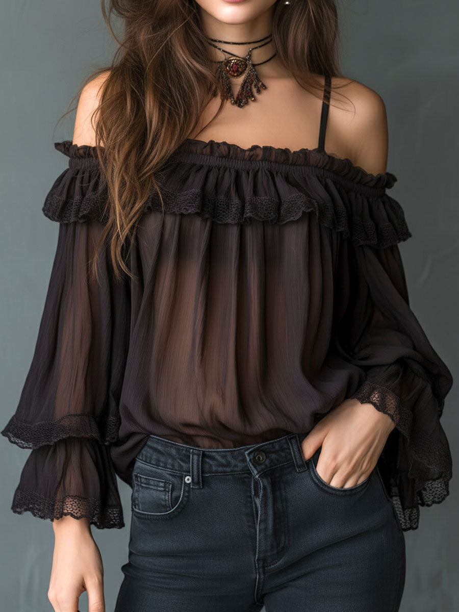 Romantic Cold-Shoulder Ruffle Chiffon Blouse With Lace Trim