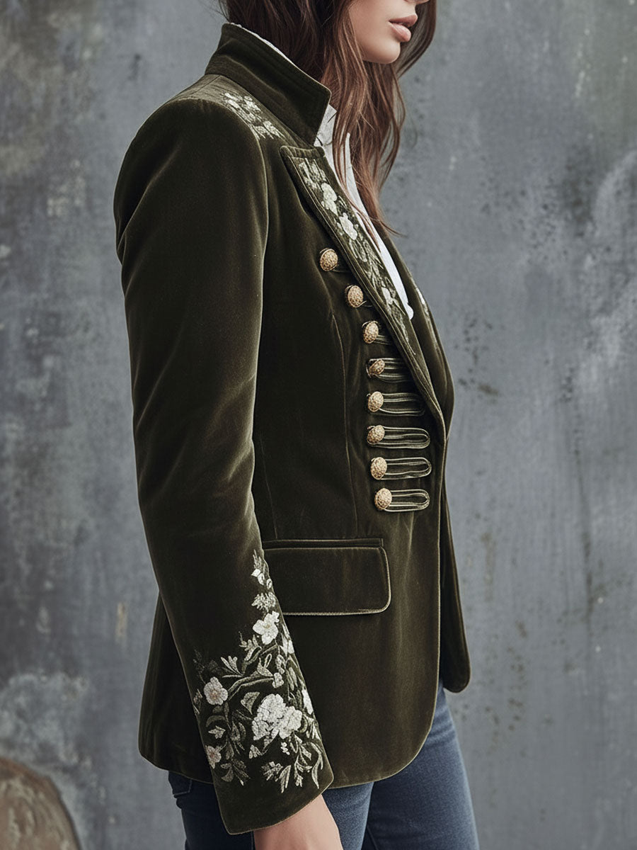 Vintage Olive Green Velvet Military Blazer With Floral Embroidery