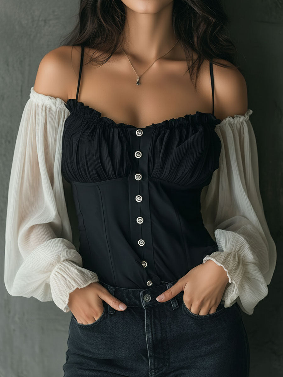 Retro Black Corset Blouse With Contrast Chiffon Sleeves