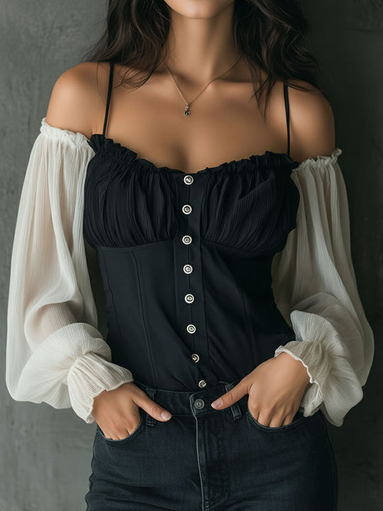 Retro Black Corset Blouse With Contrast Chiffon Sleeves