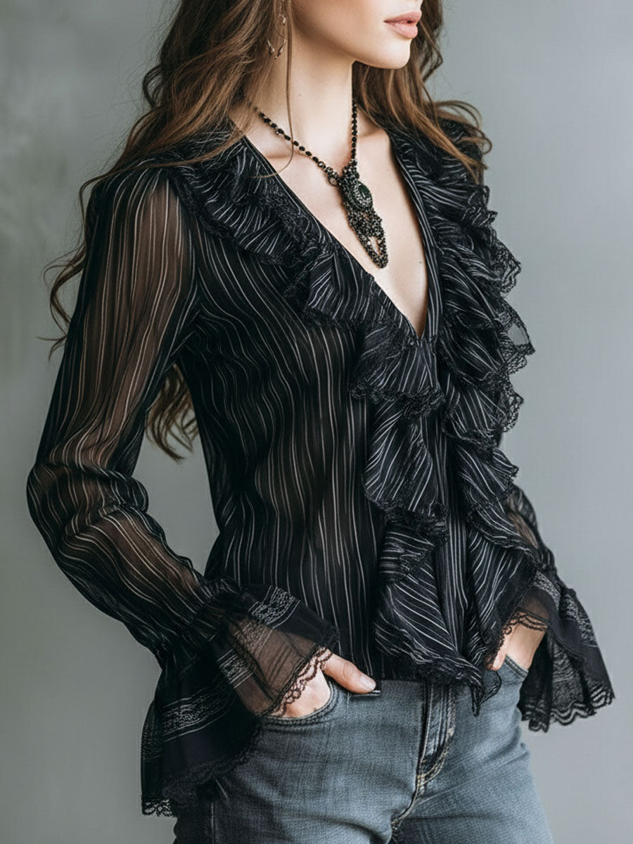 Boho Sheer Black Striped Lace-Trim Ruffle Blouse