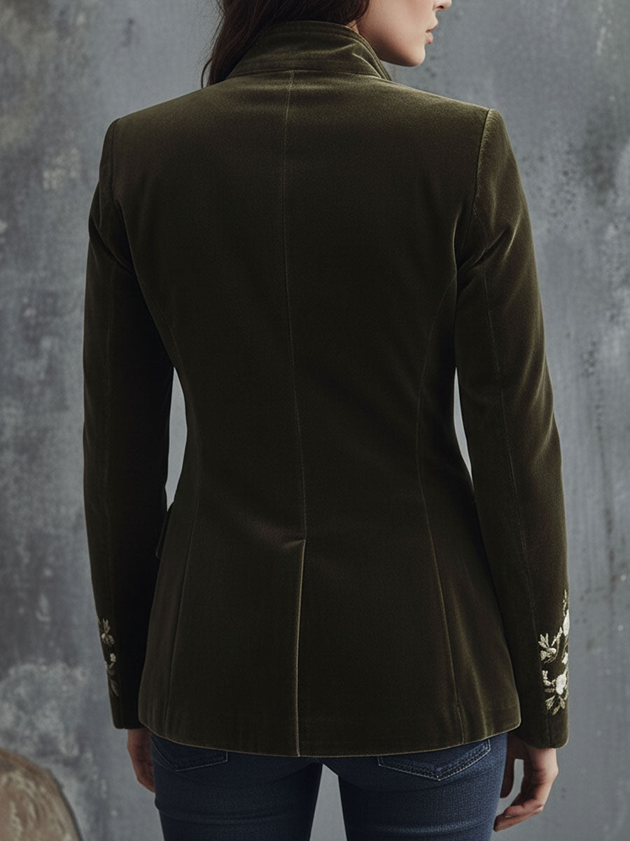 Vintage Olive Green Velvet Military Blazer With Floral Embroidery