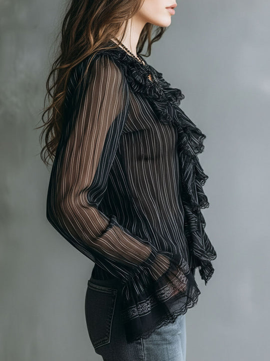 Boho Sheer Black Striped Lace-Trim Ruffle Blouse