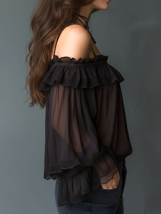 Romantic Cold-Shoulder Ruffle Chiffon Blouse With Lace Trim