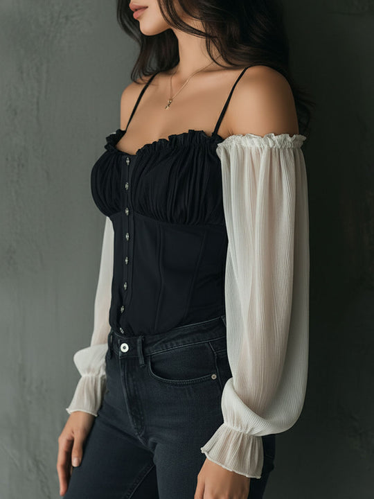 Retro Black Corset Blouse With Contrast Chiffon Sleeves
