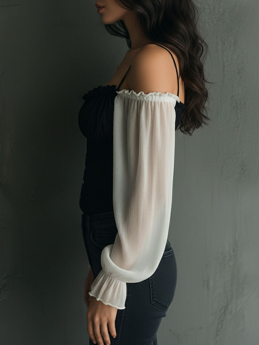 Retro Black Corset Blouse With Contrast Chiffon Sleeves