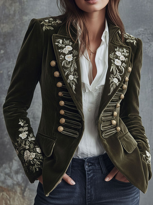 Vintage Olive Green Velvet Military Blazer With Floral Embroidery