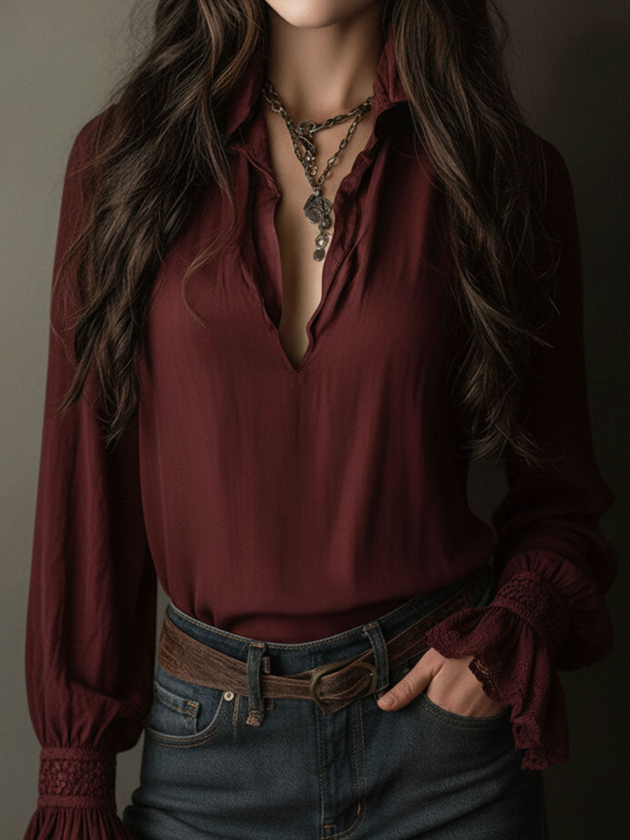 Boho V-Neck Deep Wine Red Blouse With Lace Cuffs