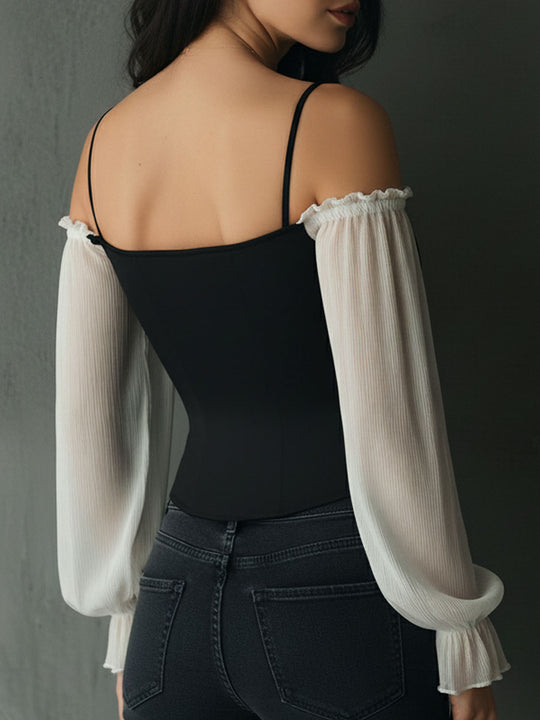 Retro Black Corset Blouse With Contrast Chiffon Sleeves