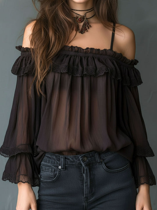 Romantic Cold-Shoulder Ruffle Chiffon Blouse With Lace Trim