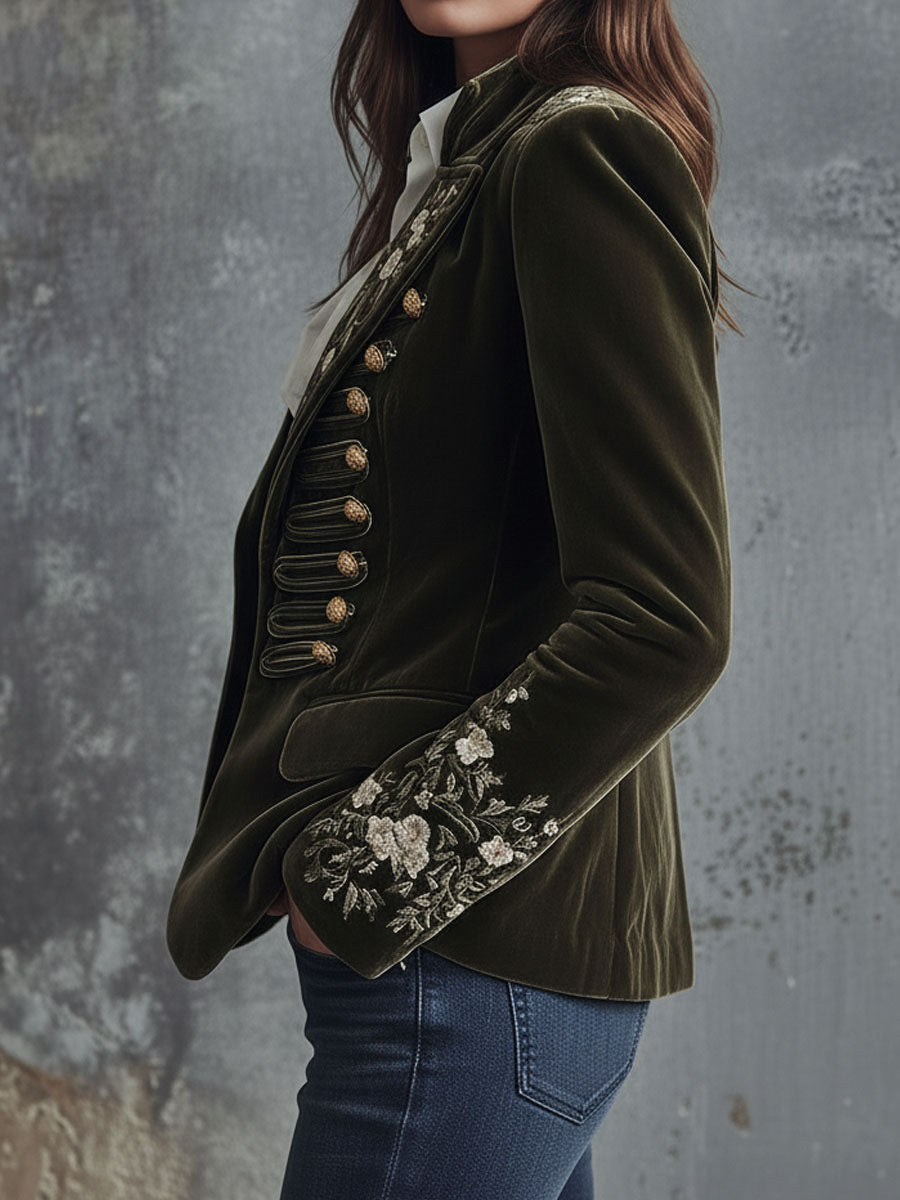 Vintage Olive Green Velvet Military Blazer With Floral Embroidery