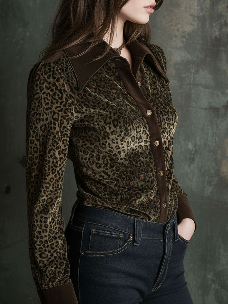 Retro Contrast Collar And Cuffs Velvet Leopard Print Blouse