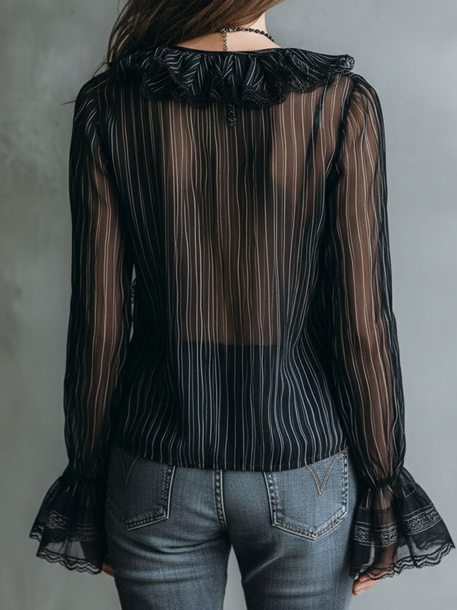 Boho Sheer Black Striped Lace-Trim Ruffle Blouse