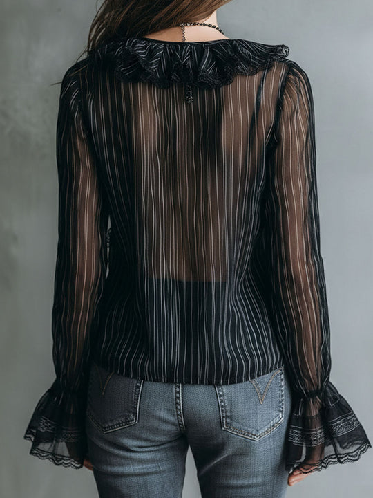 Boho Sheer Black Striped Lace-Trim Ruffle Blouse