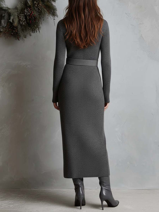 Ribbed Knit Belted Maxi Cardigan Dress With Shawl Collar