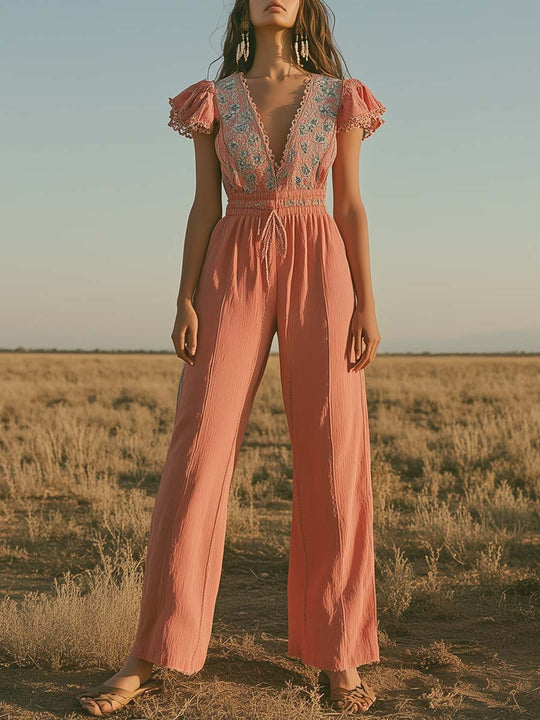 Boho Embroidered Ruffled Sleeves Jumpsuit