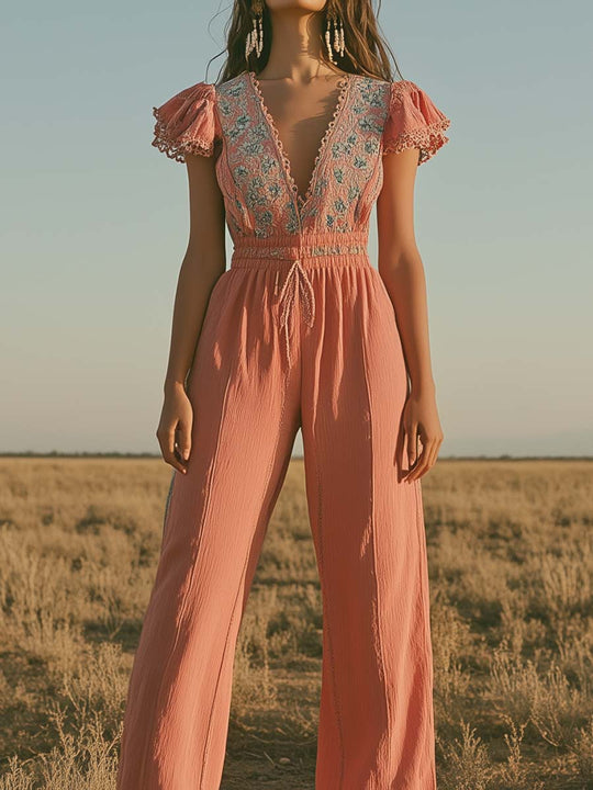 Boho Embroidered Ruffled Sleeves Jumpsuit