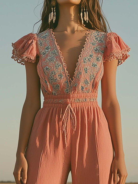 Boho Embroidered Ruffled Sleeves Jumpsuit