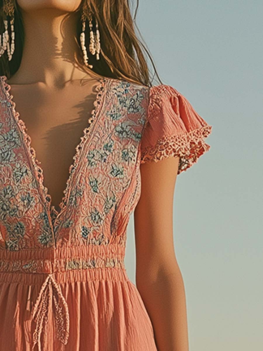 Boho Embroidered Ruffled Sleeves Jumpsuit