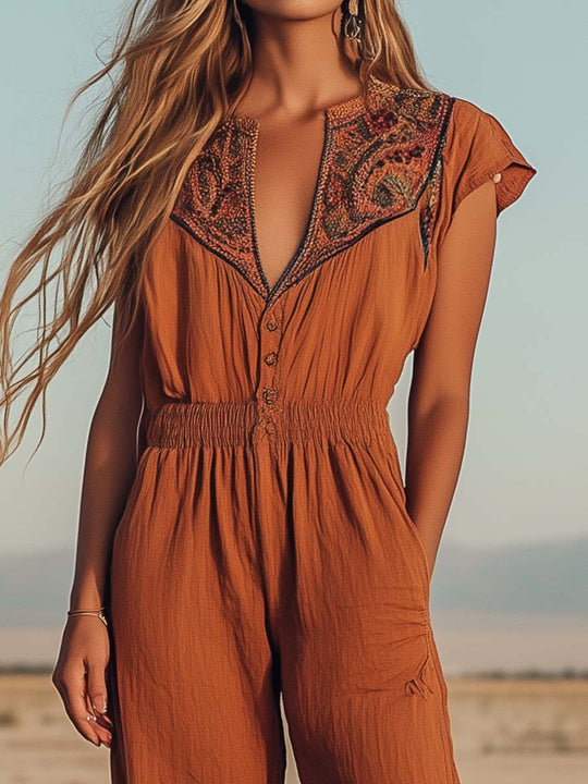 Boho Embroidered Wide-Leg Jumpsuit