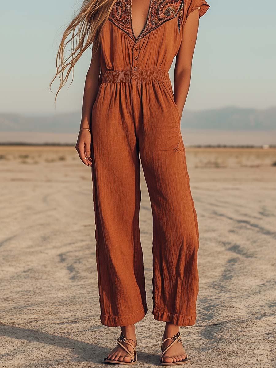 Boho Embroidered Wide-Leg Jumpsuit