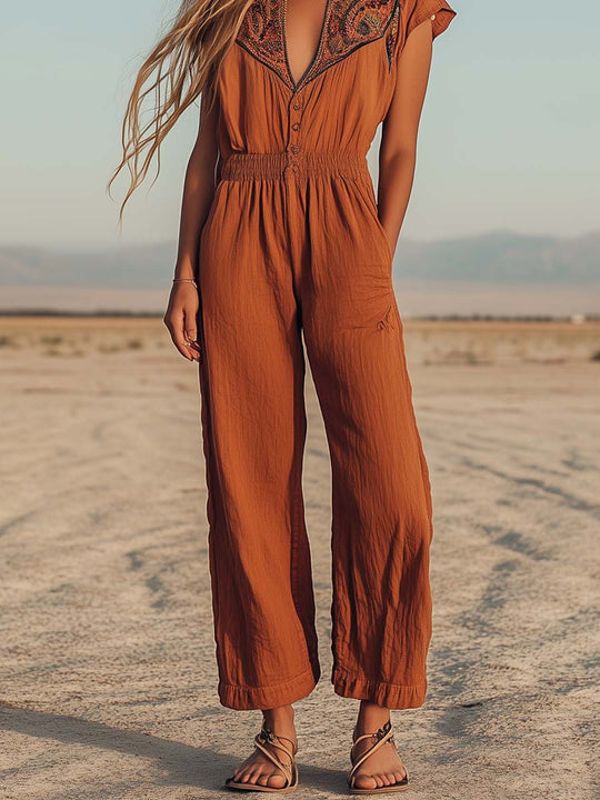 Boho Embroidered Wide-Leg Jumpsuit