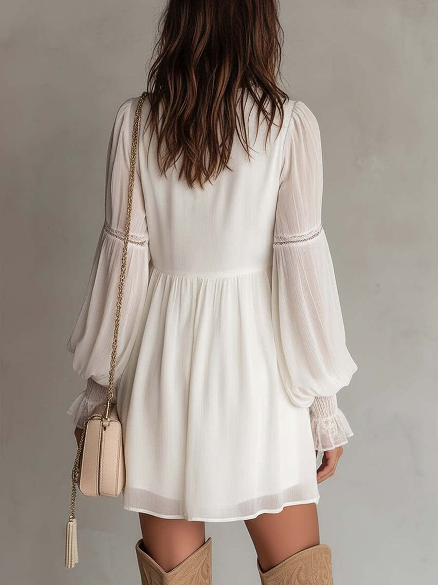 Retro Pleated-Bust Chiffon Mini Dress