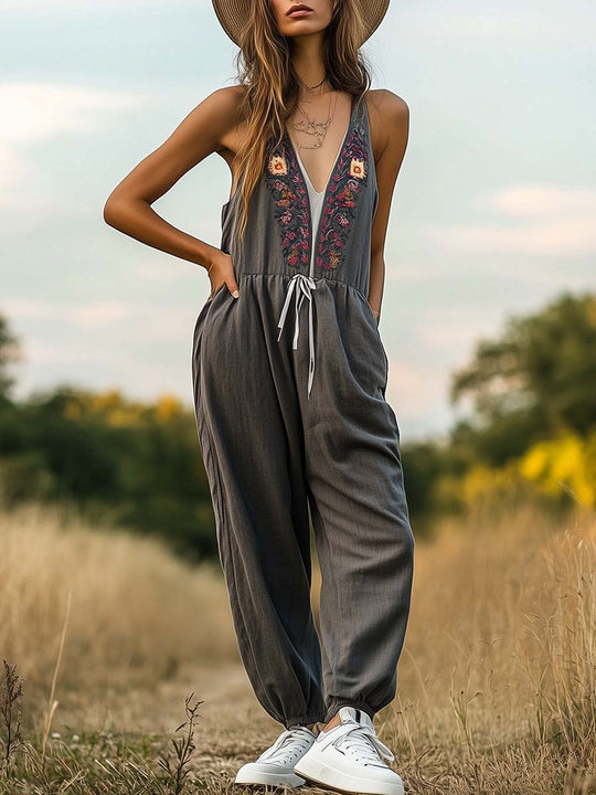 Boho Embroidered Deep V-Neck Jumpsuit