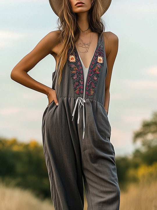 Boho Embroidered Deep V-Neck Jumpsuit