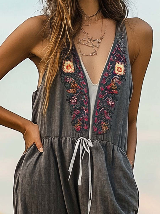 Boho Embroidered Deep V-Neck Jumpsuit