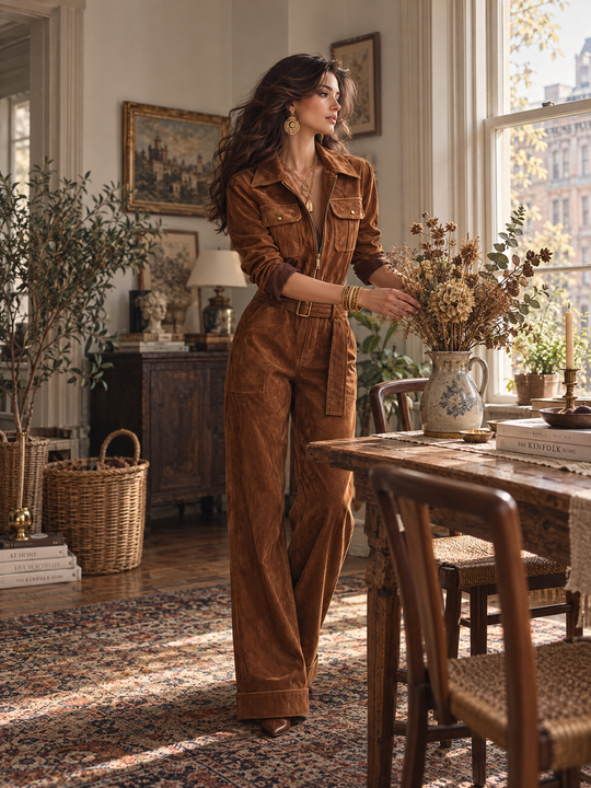 Utility Cognac Belted Suede Jumpsuit