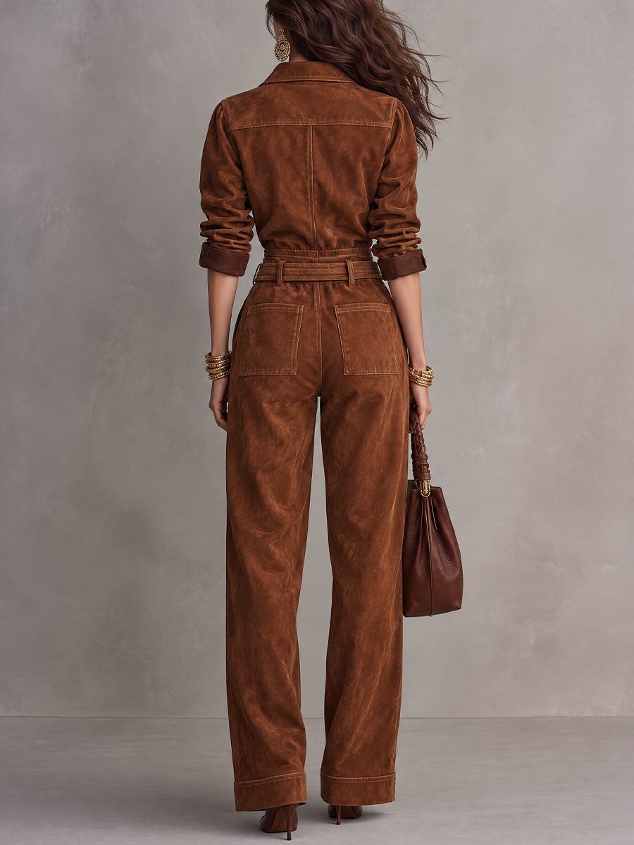 Utility Cognac Belted Suede Jumpsuit