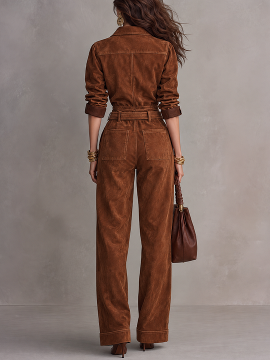 Utility Cognac Belted Suede Jumpsuit