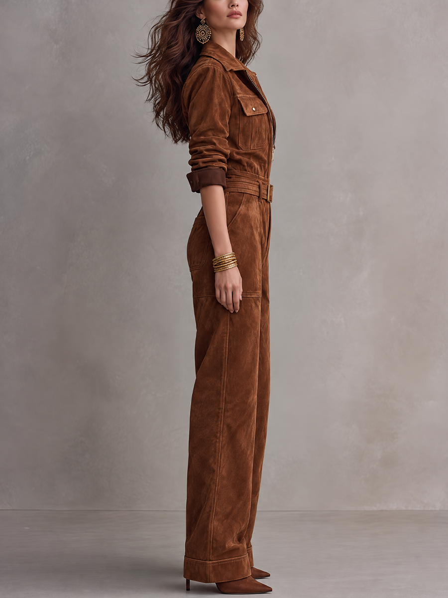 Utility Cognac Belted Suede Jumpsuit