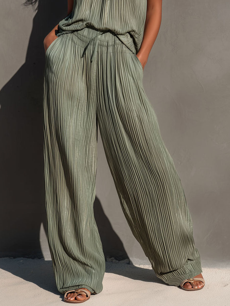 Boho Olive Pleated Halter Top And Wide Leg Pants Set