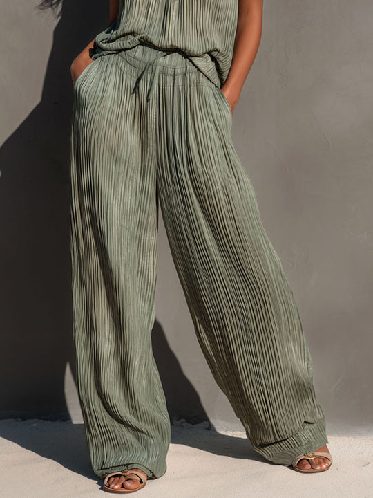 Boho Olive Pleated Halter Top And Wide Leg Pants Set